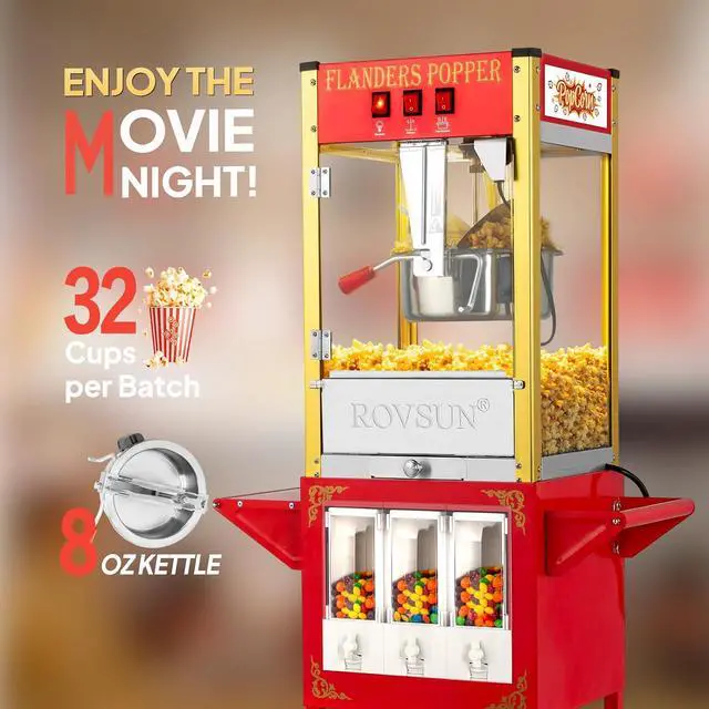 Alt view image 3 of 7 - ROVSUN Popcorn Machine Cart with Candy Dispenser, 8 Oz Kettle Makes Up to 32 Cups ETL, Popcorn Maker w/Scoop, Oil Spoon, Bags & Cups, Movie Theater Style Popper for Commercial Home Party, Red