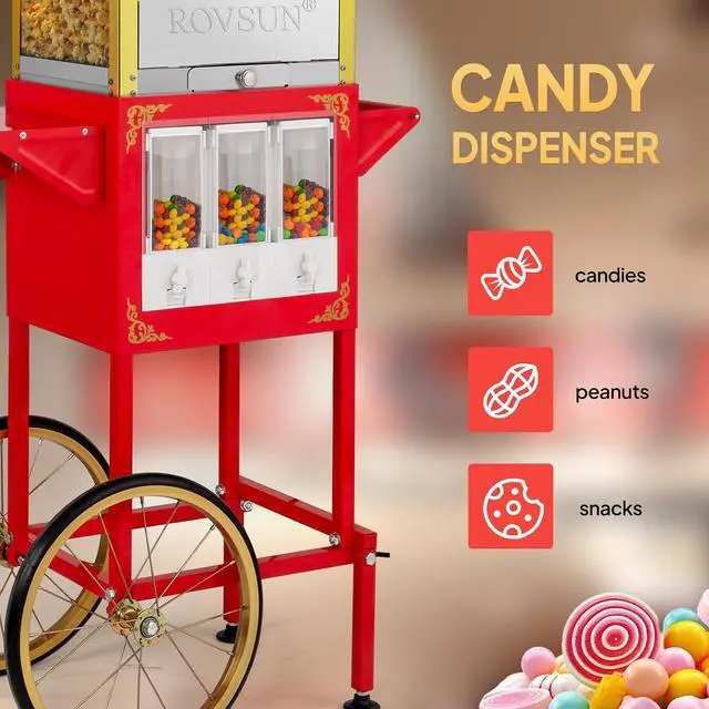 Alt view image 5 of 7 - ROVSUN Popcorn Machine Cart with Candy Dispenser, 8 Oz Kettle Makes Up to 32 Cups ETL, Popcorn Maker w/Scoop, Oil Spoon, Bags & Cups, Movie Theater Style Popper for Commercial Home Party, Red