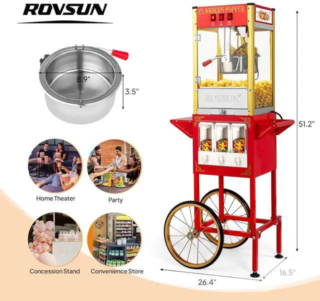 Alt view image 7 of 7 - ROVSUN Popcorn Machine Cart with Candy Dispenser, 8 Oz Kettle Makes Up to 32 Cups ETL, Popcorn Maker w/Scoop, Oil Spoon, Bags & Cups, Movie Theater Style Popper for Commercial Home Party, Red