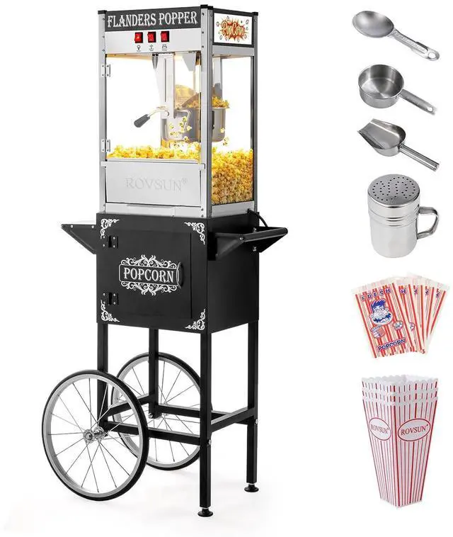 Main image of ROVSUN Popcorn Machine with Cart, 10 Oz Kettle Makes Up to 4 Gallons ETL Certified, Popcorn Maker w/Scoop, Oil Spoon, Bags & 3 Popcorn Cups, Movie Theater Style Popper for Commercial Home Party, Black