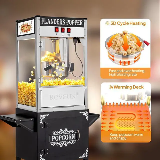 Alt view image 2 of 7 - ROVSUN Popcorn Machine with Cart, 10 Oz Kettle Makes Up to 4 Gallons ETL Certified, Popcorn Maker w/Scoop, Oil Spoon, Bags & 3 Popcorn Cups, Movie Theater Style Popper for Commercial Home Party, Black