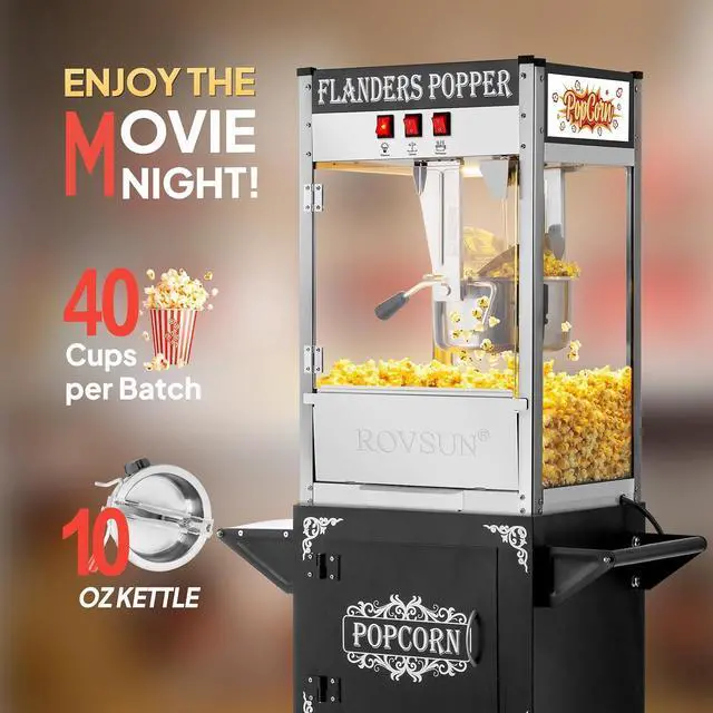Alt view image 3 of 7 - ROVSUN Popcorn Machine with Cart, 10 Oz Kettle Makes Up to 4 Gallons ETL Certified, Popcorn Maker w/Scoop, Oil Spoon, Bags & 3 Popcorn Cups, Movie Theater Style Popper for Commercial Home Party, Black