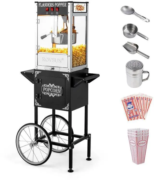 Main image of ROVSUN Popcorn Machine with Cart & 8 Oz Kettle Makes Up to 32 Cups, Movie Theater Style Popcorn Maker with Stainless Steel Scoop, Oil Spoon & 3 Popcorn Cups for Commercial Home Party, ETL, Black