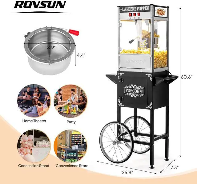 Alt view image 7 of 7 - ROVSUN Popcorn Machine with Cart, 10 Oz Kettle Makes Up to 4 Gallons ETL Certified, Popcorn Maker w/Scoop, Oil Spoon, Bags & 3 Popcorn Cups, Movie Theater Style Popper for Commercial Home Party, Black