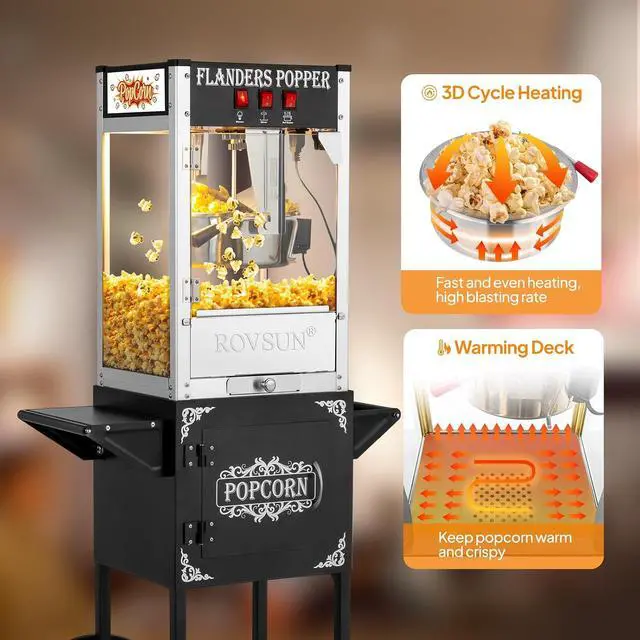 Alt view image 4 of 7 - ROVSUN Popcorn Machine with Cart, Wheels & 8 Ounce Kettle Makes Up to 32 Cups, Popcorn Maker with Popcorn Scoop, Oil Spoon & 3 Popcorn Cups Movie Theater Style for Commercial Home, ETL Certified