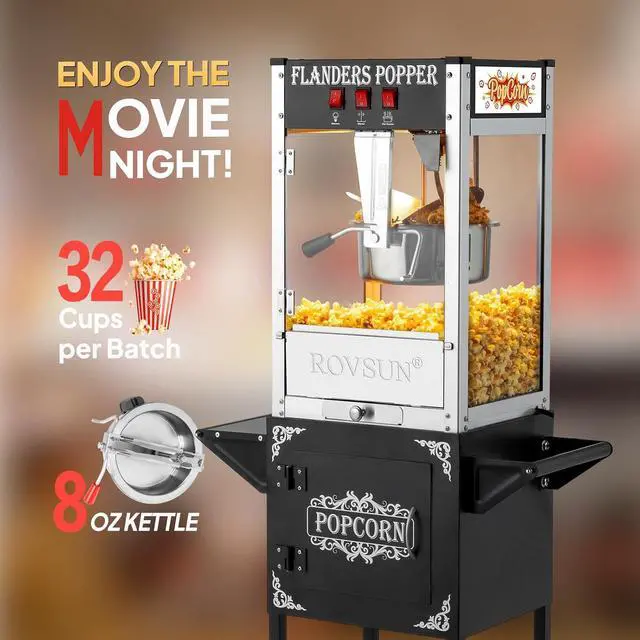 Alt view image 2 of 7 - ROVSUN Popcorn Machine with Cart, Wheels & 8 Ounce Kettle Makes Up to 32 Cups, Popcorn Maker with Popcorn Scoop, Oil Spoon & 3 Popcorn Cups Movie Theater Style for Commercial Home, ETL Certified