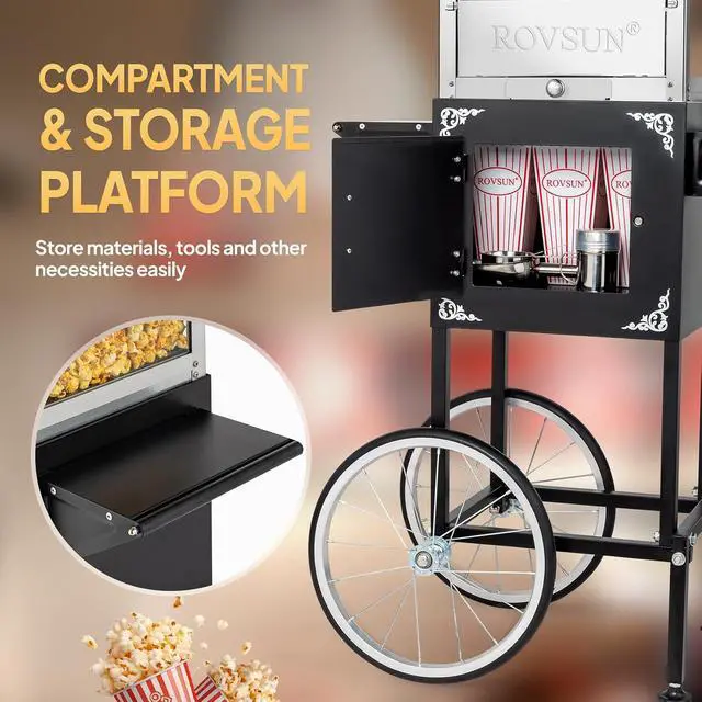 Alt view image 3 of 7 - ROVSUN Popcorn Machine with Cart, Wheels & 8 Ounce Kettle Makes Up to 32 Cups, Popcorn Maker with Popcorn Scoop, Oil Spoon & 3 Popcorn Cups Movie Theater Style for Commercial Home, ETL Certified