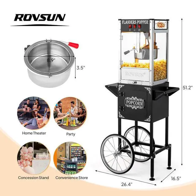 Alt view image 7 of 7 - ROVSUN Popcorn Machine with Cart, Wheels & 8 Ounce Kettle Makes Up to 32 Cups, Popcorn Maker with Popcorn Scoop, Oil Spoon & 3 Popcorn Cups Movie Theater Style for Commercial Home, ETL Certified