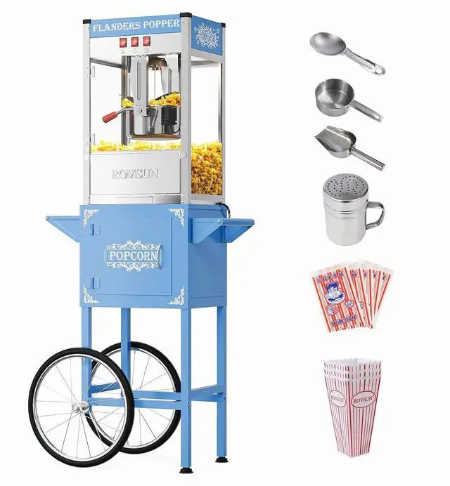 Main image of ROVSUN Popcorn Machine with Cart, 10 Oz Kettle Makes Up to 4 Gallons ETL Certified, Popcorn Maker w/Scoop, Oil Spoon, Bags & Popcorn Cups, Movie Theater Style Popper for Commercial Home Party, Blue