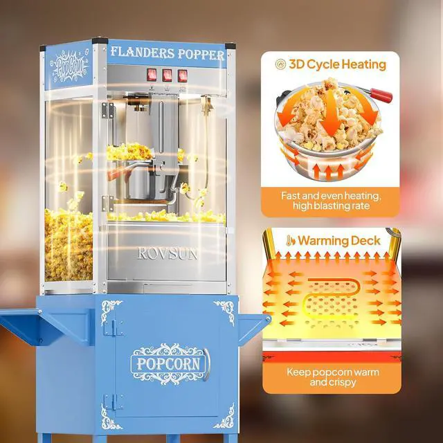 Alt view image 2 of 7 - ROVSUN Popcorn Machine with Cart, 10 Oz Kettle Makes Up to 4 Gallons ETL Certified, Popcorn Maker w/Scoop, Oil Spoon, Bags & Popcorn Cups, Movie Theater Style Popper for Commercial Home Party, Blue