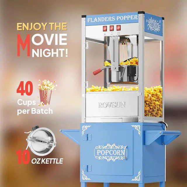 Alt view image 3 of 7 - ROVSUN Popcorn Machine with Cart, 10 Oz Kettle Makes Up to 4 Gallons ETL Certified, Popcorn Maker w/Scoop, Oil Spoon, Bags & Popcorn Cups, Movie Theater Style Popper for Commercial Home Party, Blue