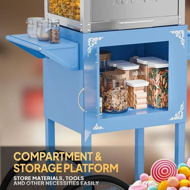 Alt view image 5 of 7 - ROVSUN Popcorn Machine with Cart, 10 Oz Kettle Makes Up to 4 Gallons ETL Certified, Popcorn Maker w/Scoop, Oil Spoon, Bags & Popcorn Cups, Movie Theater Style Popper for Commercial Home Party, Blue