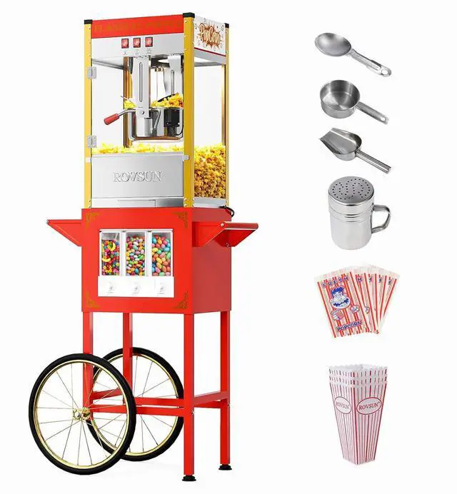 Main image of ROVSUN Popcorn Machine Cart with Candy Dispenser, 10 Oz Kettle Makes Up to 4 Gallons ETL, Vintage Popcorn Maker w/Scoop, Oil Spoon, Bags & Cups, Movie Theater Style Popper for Commercial Home, Red
