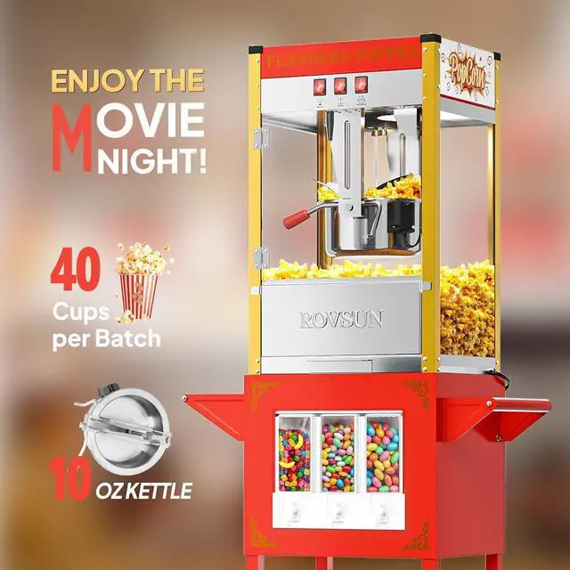 Alt view image 3 of 7 - ROVSUN Popcorn Machine Cart with Candy Dispenser, 10 Oz Kettle Makes Up to 4 Gallons ETL, Vintage Popcorn Maker w/Scoop, Oil Spoon, Bags & Cups, Movie Theater Style Popper for Commercial Home, Red
