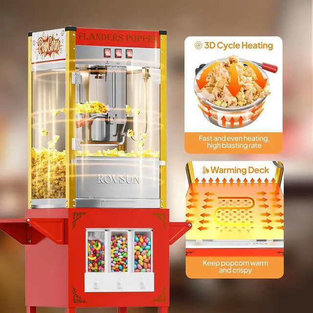 Alt view image 2 of 7 - ROVSUN Popcorn Machine Cart with Candy Dispenser, 10 Oz Kettle Makes Up to 4 Gallons ETL, Vintage Popcorn Maker w/Scoop, Oil Spoon, Bags & Cups, Movie Theater Style Popper for Commercial Home, Red