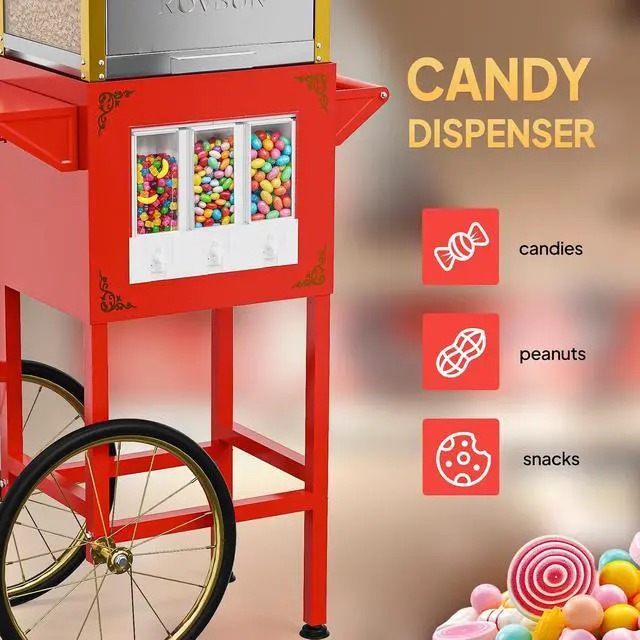 Alt view image 5 of 7 - ROVSUN Popcorn Machine Cart with Candy Dispenser, 10 Oz Kettle Makes Up to 4 Gallons ETL, Vintage Popcorn Maker w/Scoop, Oil Spoon, Bags & Cups, Movie Theater Style Popper for Commercial Home, Red