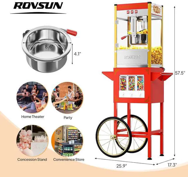 Alt view image 7 of 7 - ROVSUN Popcorn Machine Cart with Candy Dispenser, 10 Oz Kettle Makes Up to 4 Gallons ETL, Vintage Popcorn Maker w/Scoop, Oil Spoon, Bags & Cups, Movie Theater Style Popper for Commercial Home, Red