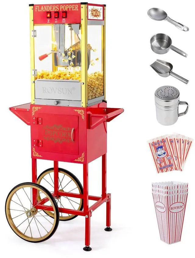 Main image of ROVSUN Popcorn Machine with Cart & 8 Oz Kettle Makes Up to 32 Cups ETL Certified, Vintage Popcorn Maker with Stainless Steel Scoop, Oil Spoon & 3 Popcorn Cups for Commercial Home Movie Theater, Red