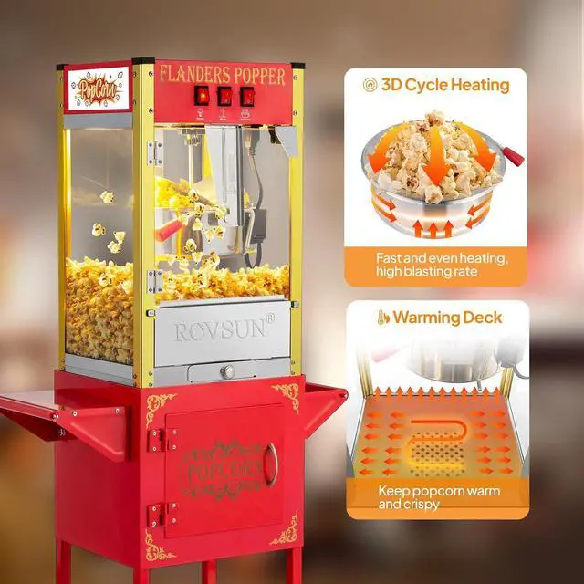 Alt view image 4 of 7 - ROVSUN Popcorn Machine Movie Theater Style with Cart & Wheels, 8 Ounce Kettle Makes Up to 32 Cups Popcorn Maker with Popcorn Scoop, Oil Spoon & 3 Popcorn Cups for Commercial Home, ETL, Red