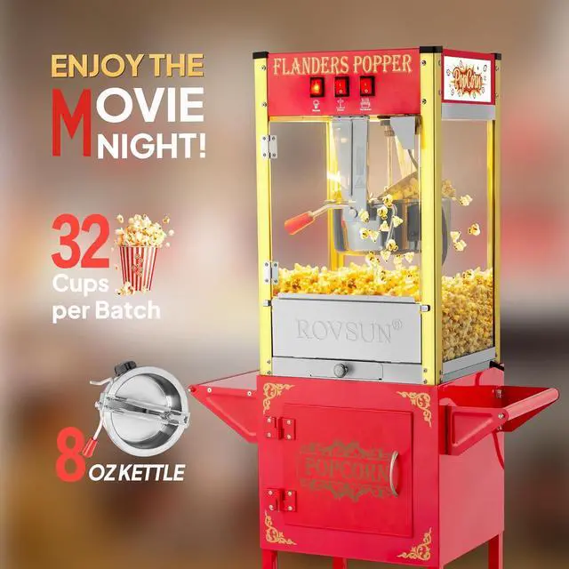 Alt view image 2 of 7 - ROVSUN Popcorn Machine Movie Theater Style with Cart & Wheels, 8 Ounce Kettle Makes Up to 32 Cups Popcorn Maker with Popcorn Scoop, Oil Spoon & 3 Popcorn Cups for Commercial Home, ETL, Red