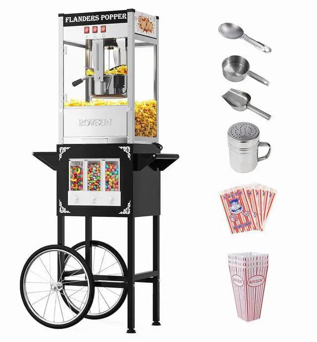 Main image of ROVSUN Popcorn Machine Cart with Candy Dispenser, 10 Oz Kettle Makes Up to 4 Gallons ETL, Popcorn Maker w/Scoop, Oil Spoon, Bags & Cups, Movie Theater Style Popper for Commercial Home Party, Black