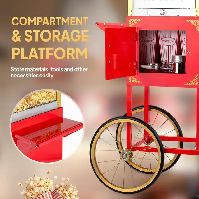 Alt view image 3 of 7 - ROVSUN Popcorn Machine Movie Theater Style with Cart & Wheels, 8 Ounce Kettle Makes Up to 32 Cups Popcorn Maker with Popcorn Scoop, Oil Spoon & 3 Popcorn Cups for Commercial Home, ETL, Red