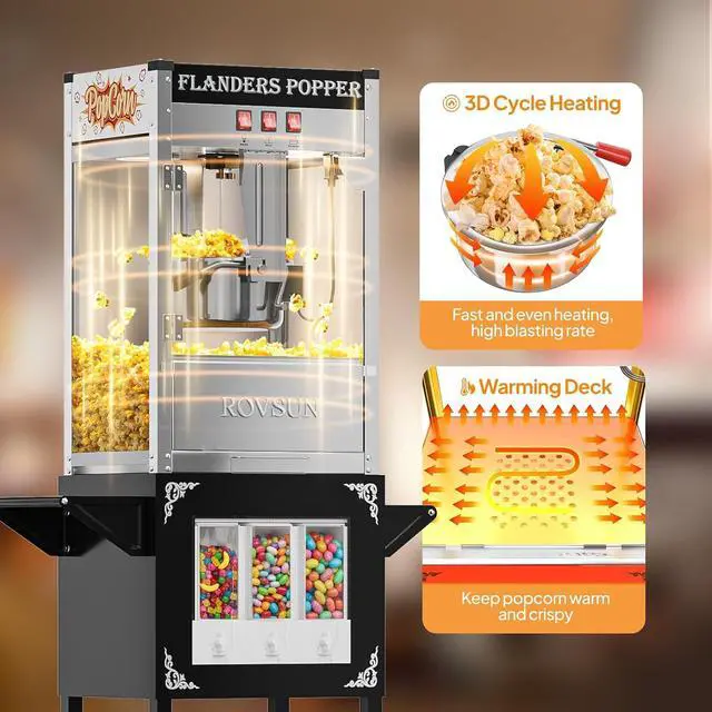 Alt view image 2 of 7 - ROVSUN Popcorn Machine Cart with Candy Dispenser, 10 Oz Kettle Makes Up to 4 Gallons ETL, Popcorn Maker w/Scoop, Oil Spoon, Bags & Cups, Movie Theater Style Popper for Commercial Home Party, Black
