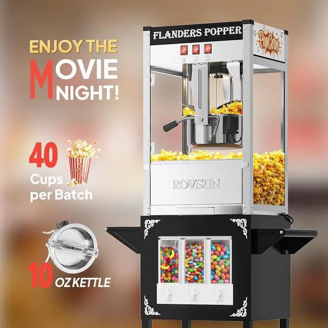 Alt view image 3 of 7 - ROVSUN Popcorn Machine Cart with Candy Dispenser, 10 Oz Kettle Makes Up to 4 Gallons ETL, Popcorn Maker w/Scoop, Oil Spoon, Bags & Cups, Movie Theater Style Popper for Commercial Home Party, Black