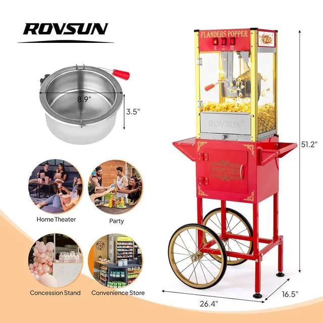 Alt view image 7 of 7 - ROVSUN Popcorn Machine Movie Theater Style with Cart & Wheels, 8 Ounce Kettle Makes Up to 32 Cups Popcorn Maker with Popcorn Scoop, Oil Spoon & 3 Popcorn Cups for Commercial Home, ETL, Red