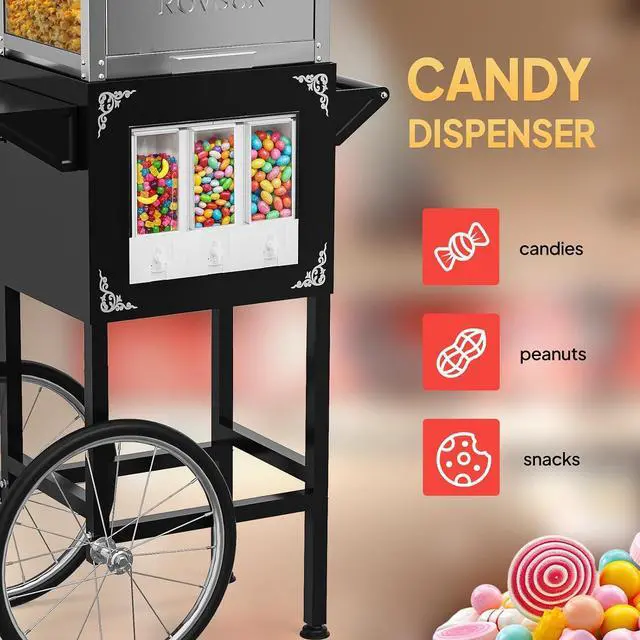 Alt view image 5 of 7 - ROVSUN Popcorn Machine Cart with Candy Dispenser, 10 Oz Kettle Makes Up to 4 Gallons ETL, Popcorn Maker w/Scoop, Oil Spoon, Bags & Cups, Movie Theater Style Popper for Commercial Home Party, Black