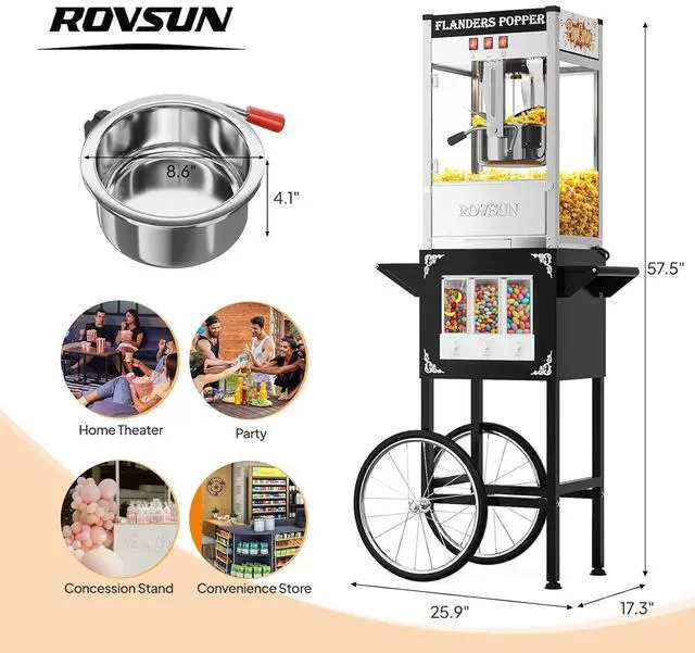 Alt view image 7 of 7 - ROVSUN Popcorn Machine Cart with Candy Dispenser, 10 Oz Kettle Makes Up to 4 Gallons ETL, Popcorn Maker w/Scoop, Oil Spoon, Bags & Cups, Movie Theater Style Popper for Commercial Home Party, Black