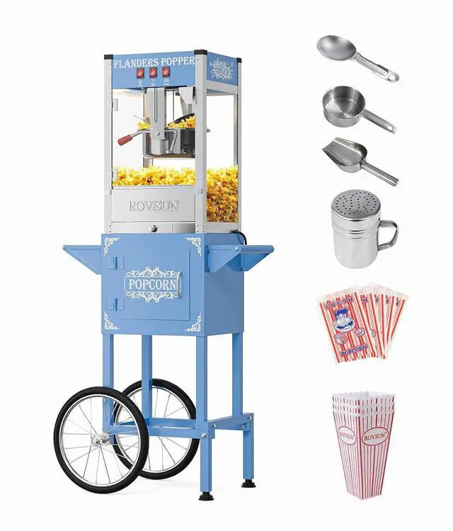 Main image of ROVSUN Popcorn Machine with Cart ETL, 8 Oz Kettle Makes Up to 32 Cups, Movie Theater Style Popcorn Maker with Stainless Steel Scoop, Oil Spoon & 3 Popcorn Cups for Commercial Home Party, Blue