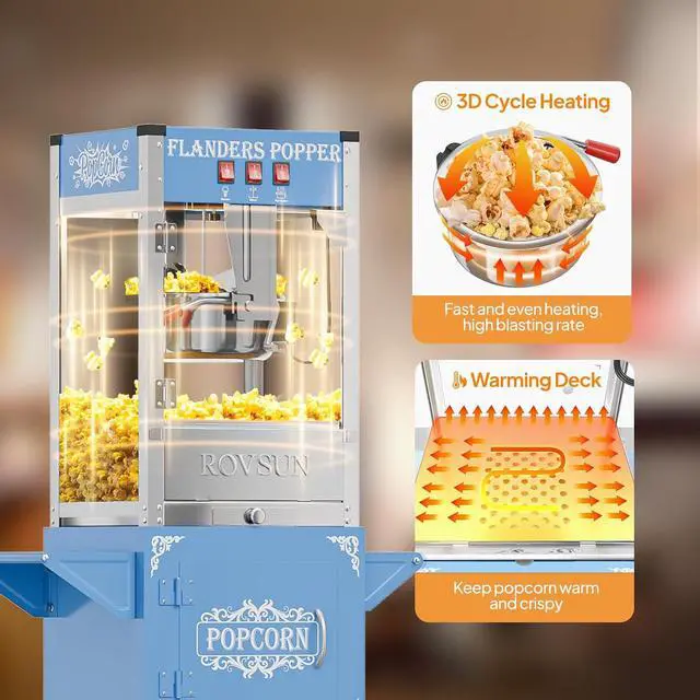 Alt view image 2 of 7 - ROVSUN Popcorn Machine with Cart ETL, 8 Oz Kettle Makes Up to 32 Cups, Movie Theater Style Popcorn Maker with Stainless Steel Scoop, Oil Spoon & 3 Popcorn Cups for Commercial Home Party, Blue