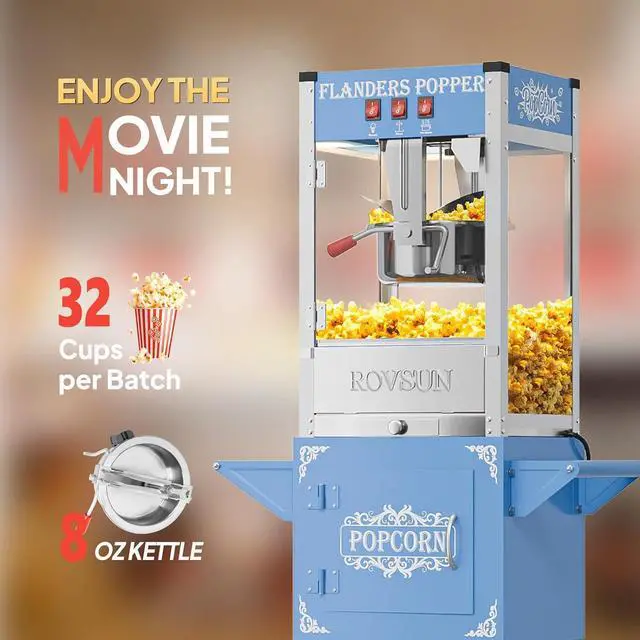 Alt view image 3 of 7 - ROVSUN Popcorn Machine with Cart ETL, 8 Oz Kettle Makes Up to 32 Cups, Movie Theater Style Popcorn Maker with Stainless Steel Scoop, Oil Spoon & 3 Popcorn Cups for Commercial Home Party, Blue