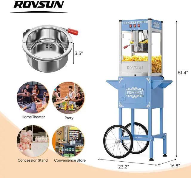 Alt view image 7 of 7 - ROVSUN Popcorn Machine with Cart ETL, 8 Oz Kettle Makes Up to 32 Cups, Movie Theater Style Popcorn Maker with Stainless Steel Scoop, Oil Spoon & 3 Popcorn Cups for Commercial Home Party, Blue