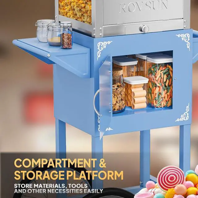 Alt view image 5 of 7 - ROVSUN Popcorn Machine with Cart ETL, 8 Oz Kettle Makes Up to 32 Cups, Movie Theater Style Popcorn Maker with Stainless Steel Scoop, Oil Spoon & 3 Popcorn Cups for Commercial Home Party, Blue