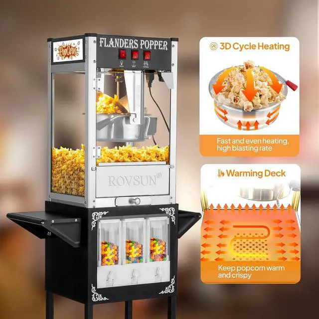 Alt view image 2 of 7 - ROVSUN Popcorn Machine Cart with Candy Dispenser, 8 Oz Kettle Makes Up to 32 Cups ETL, Vintage Popcorn Maker w/Scoop, Oil Spoon, Bags & Cups, Movie Theater Style Popper for Commercial Home, Black