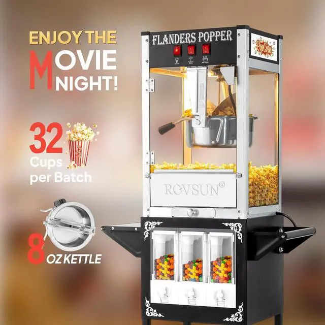 Alt view image 3 of 7 - ROVSUN Popcorn Machine Cart with Candy Dispenser, 8 Oz Kettle Makes Up to 32 Cups ETL, Vintage Popcorn Maker w/Scoop, Oil Spoon, Bags & Cups, Movie Theater Style Popper for Commercial Home, Black
