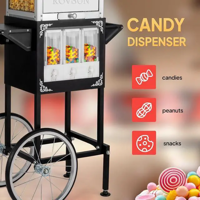 Alt view image 5 of 7 - ROVSUN Popcorn Machine Cart with Candy Dispenser, 8 Oz Kettle Makes Up to 32 Cups ETL, Vintage Popcorn Maker w/Scoop, Oil Spoon, Bags & Cups, Movie Theater Style Popper for Commercial Home, Black