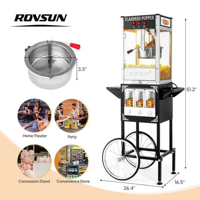 Alt view image 7 of 7 - ROVSUN Popcorn Machine Cart with Candy Dispenser, 8 Oz Kettle Makes Up to 32 Cups ETL, Vintage Popcorn Maker w/Scoop, Oil Spoon, Bags & Cups, Movie Theater Style Popper for Commercial Home, Black