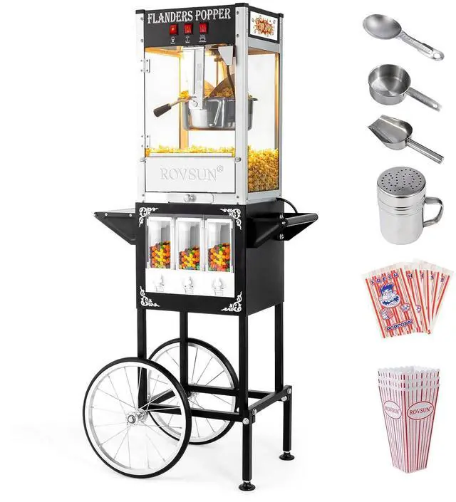 Main image of ROVSUN Popcorn Machine Cart with Candy Dispenser, 8 Oz Kettle Makes Up to 32 Cups ETL, Vintage Popcorn Maker w/Scoop, Oil Spoon, Bags & Cups, Movie Theater Style Popper for Commercial Home, Black