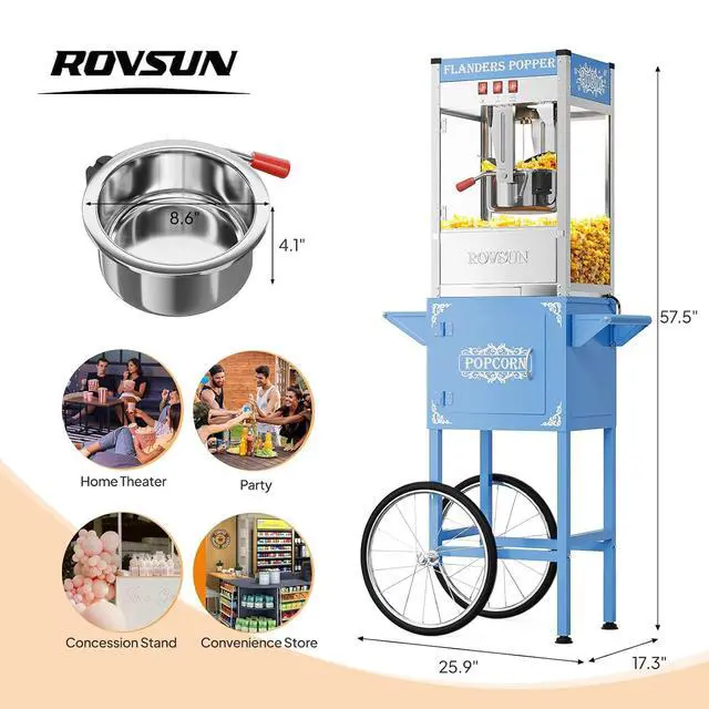 Alt view image 7 of 7 - ROVSUN Popcorn Machine with Cart, 10 Oz Kettle Makes Up to 4 Gallons ETL Certified, Popcorn Maker w/Scoop, Oil Spoon, Bags & Popcorn Cups, Movie Theater Style Popper for Commercial Home Party, Blue