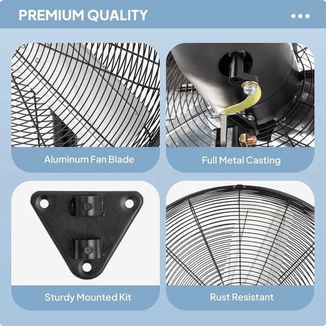 Alt view image 5 of 7 - ROVSUN 30" Wall Mounted Fan, Max 10600 CFM High Velocity Industrial Wall Fan with Wide Angle Oscillating, Commercial Ventilation Use, Suit for Garage, Shop, Greenhouse, Gym, UL Listed