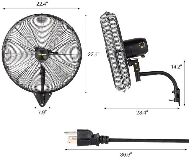 Alt view image 6 of 7 - ROVSUN 20" Wall Mounted Fan, High Velocity Industrial Wall Fan, Max 4710 CFM and Wide Angle Oscillating, Commercial Ventilation Use, Suit for Garage, Shop, Greenhouse, Gym
