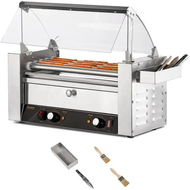 Main image of ROVSUN Hot Dog Roller, 12 Hot Dog 5 Rollers ETL Certified, Hot Dog Machine with Bun Warmer, Dual Temp Control, Glass Cover, LED, Side Storage Box, Shelf & Drip Tray for Party Home Commercial 900W