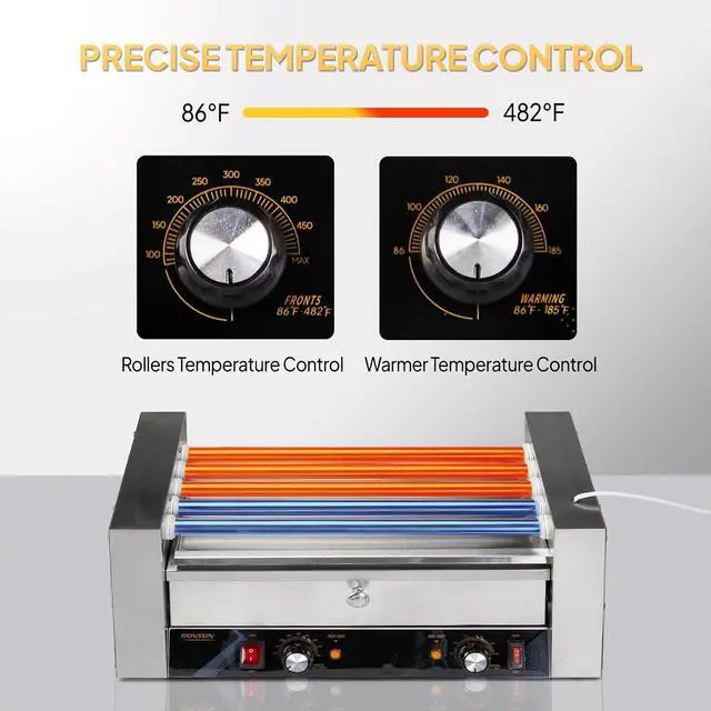 Alt view image 3 of 7 - ROVSUN Hot Dog Roller, 12 Hot Dog 5 Rollers ETL Certified, Hot Dog Machine with Bun Warmer, Dual Temp Control, Glass Cover, LED, Side Storage Box, Shelf & Drip Tray for Party Home Commercial 900W