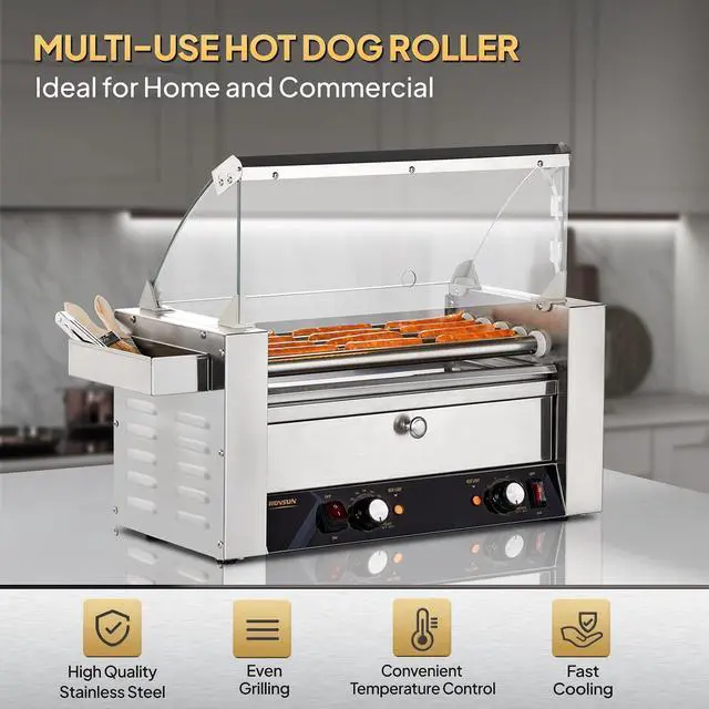Alt view image 5 of 7 - ROVSUN Hot Dog Roller, 12 Hot Dog 5 Rollers ETL Certified, Hot Dog Machine with Bun Warmer, Dual Temp Control, Glass Cover, LED, Side Storage Box, Shelf & Drip Tray for Party Home Commercial 900W