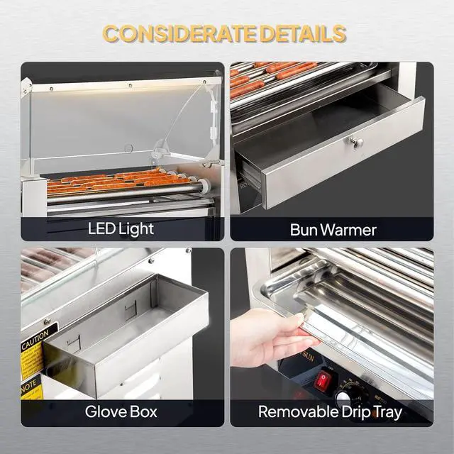 Alt view image 6 of 7 - ROVSUN Hot Dog Roller, 12 Hot Dog 5 Rollers ETL Certified, Hot Dog Machine with Bun Warmer, Dual Temp Control, Glass Cover, LED, Side Storage Box, Shelf & Drip Tray for Party Home Commercial 900W