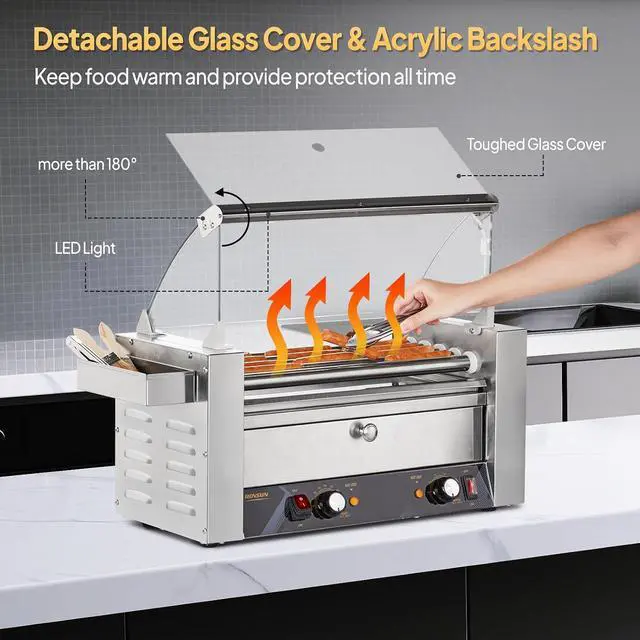 Alt view image 4 of 7 - ROVSUN Hot Dog Roller, 12 Hot Dog 5 Rollers ETL Certified, Hot Dog Machine with Bun Warmer, Dual Temp Control, Glass Cover, LED, Side Storage Box, Shelf & Drip Tray for Party Home Commercial 900W