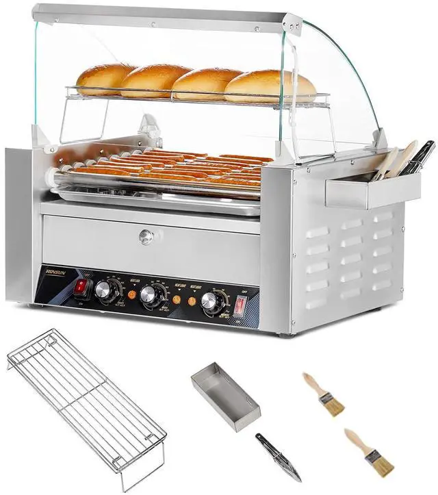 Main image of ROVSUN Hot Dog Roller, 24 Hot Dog 9 Rollers ETL Certified, Hot Dog Machine with Bun Warmer, Dual Temp Control, Glass Cover, LED, Side Storage Box, Shelf & Drip Tray for Party Home Commercial 1500W